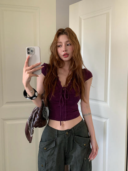 Patchwork V-neck Lace Short Sleeve