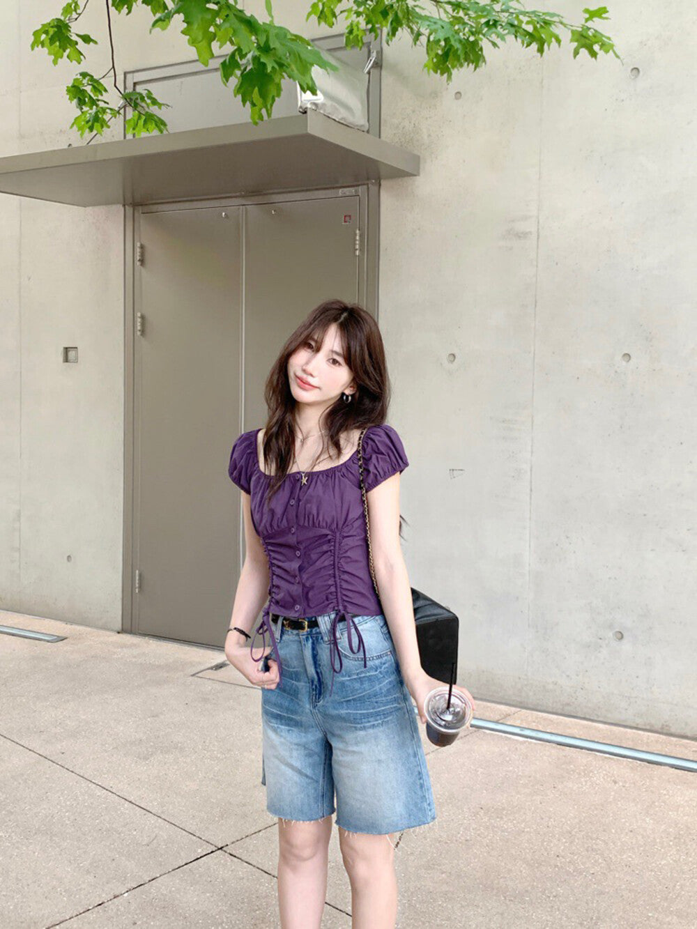 Square Neck Drawstring Puff Sleeve Blouse