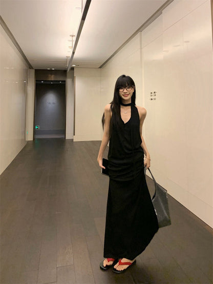 セクシーなVネックホルターネックリボンタンクトップ＋ハイウエストスカートセット