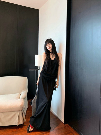 セクシーなVネックホルターネックリボンタンクトップ＋ハイウエストスカートセット