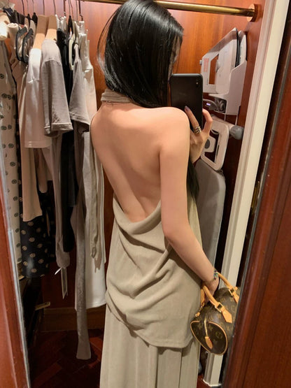 セクシーなVネックホルターネックリボンタンクトップ＋ハイウエストスカートセット