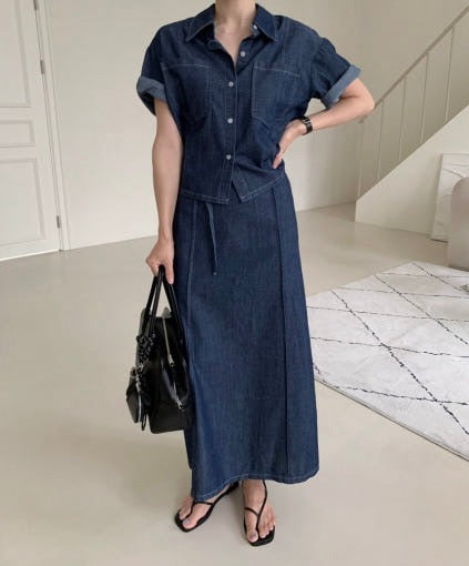 翻領牛仔單排扣上衣+高腰半身裙set