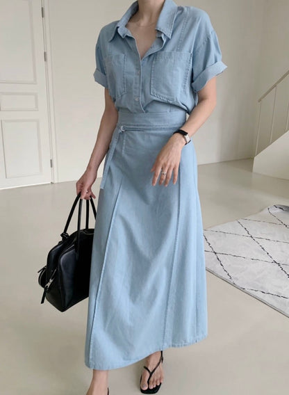 翻領牛仔單排扣上衣+高腰半身裙set