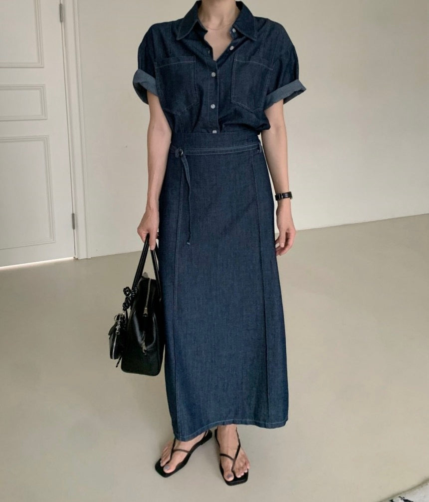 翻領牛仔單排扣上衣+高腰半身裙set