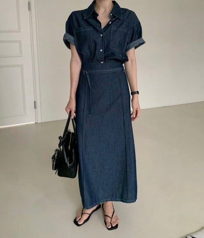 翻領牛仔單排扣上衣+高腰半身裙set