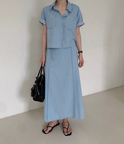 翻領牛仔單排扣上衣+高腰半身裙set