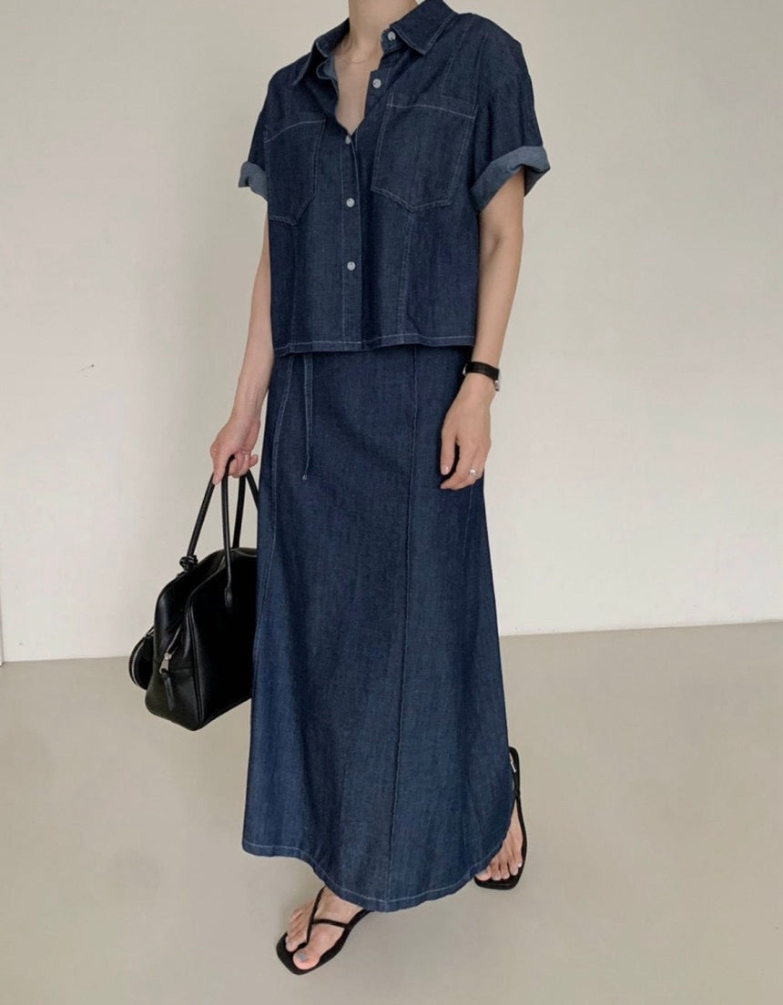 翻領牛仔單排扣上衣+高腰半身裙set