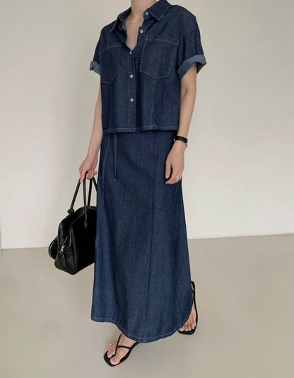 翻領牛仔單排扣上衣+高腰半身裙set