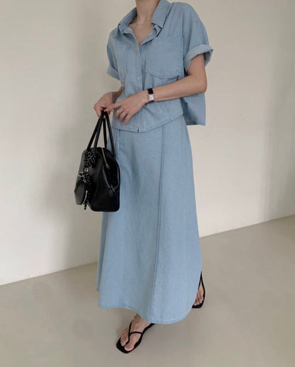 翻領牛仔單排扣上衣+高腰半身裙set