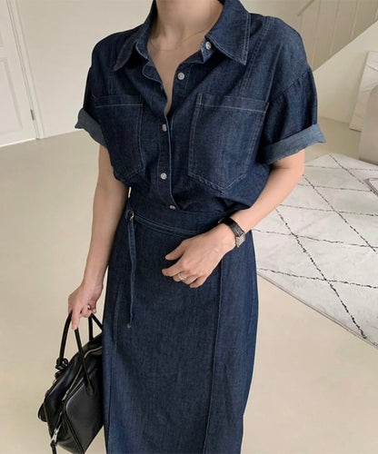 翻領牛仔單排扣上衣+高腰半身裙set