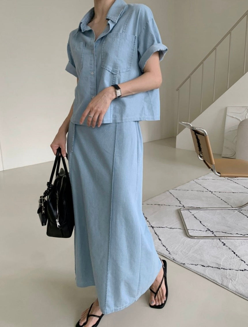 翻領牛仔單排扣上衣+高腰半身裙set