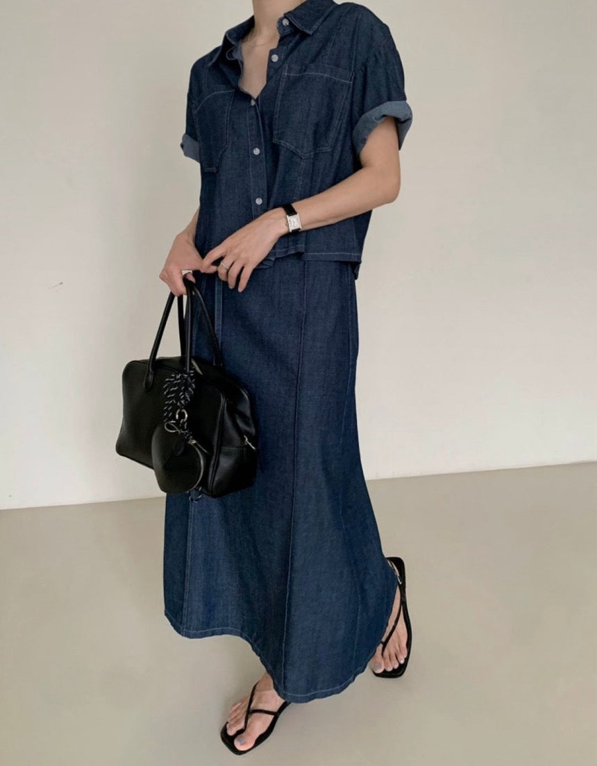 翻領牛仔單排扣上衣+高腰半身裙set