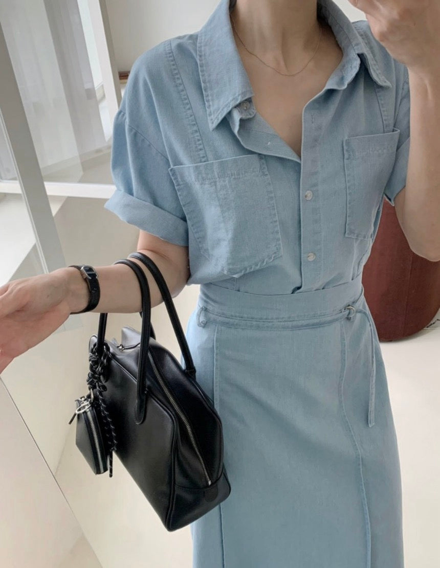 翻領牛仔單排扣上衣+高腰半身裙set