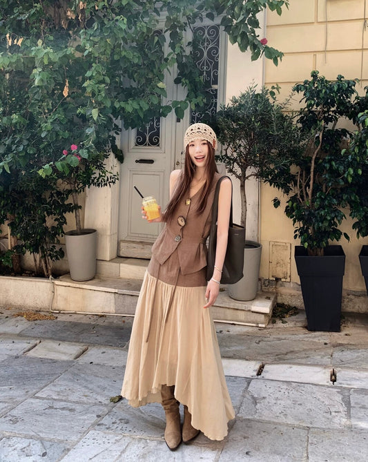 藝術感亞麻馬甲+拼接半身裙set