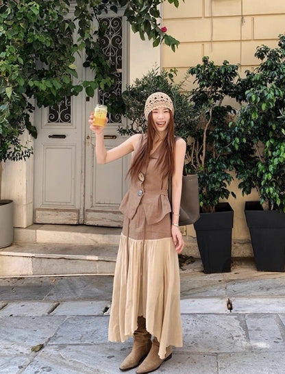 藝術感亞麻馬甲+拼接半身裙set
