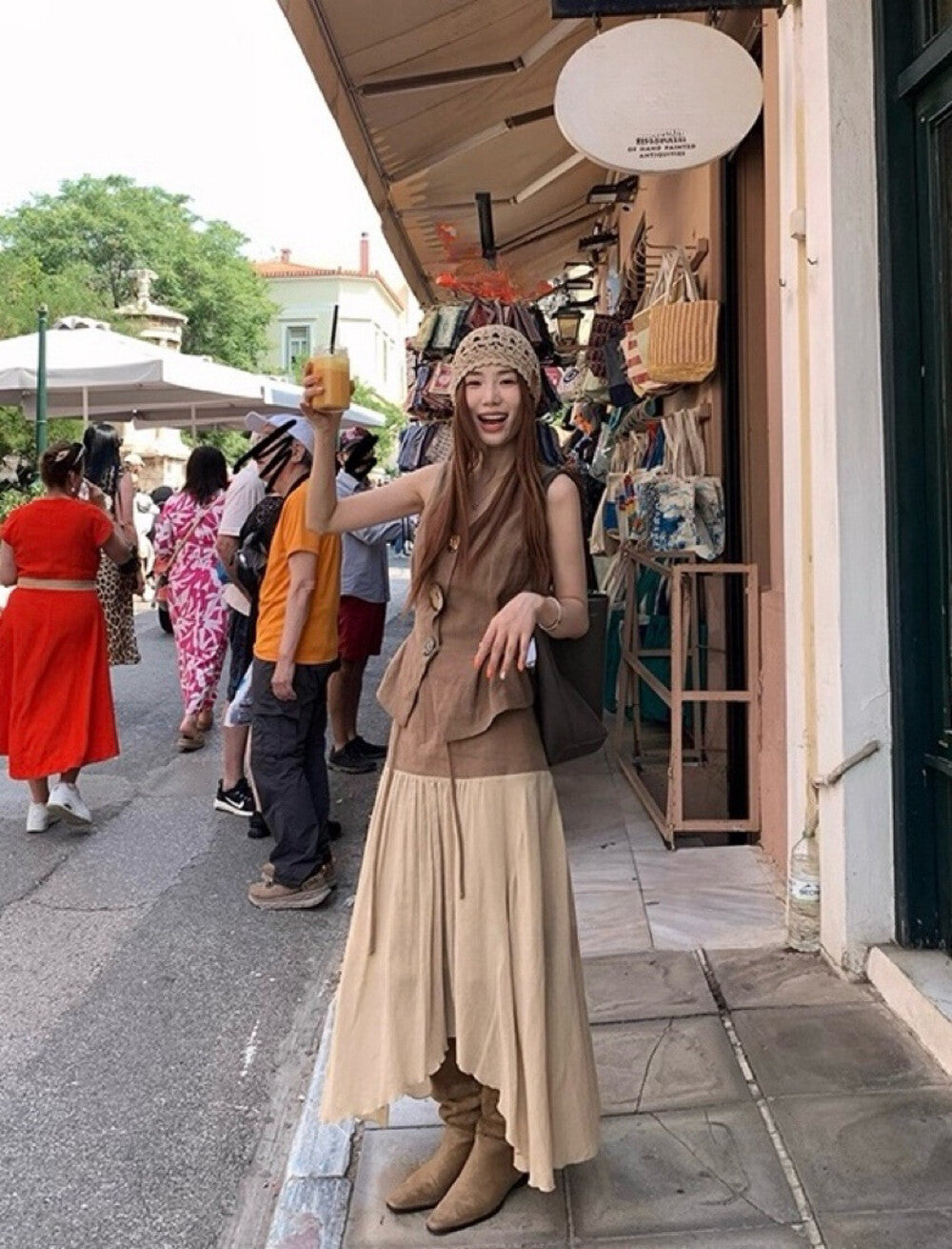 藝術感亞麻馬甲+拼接半身裙set