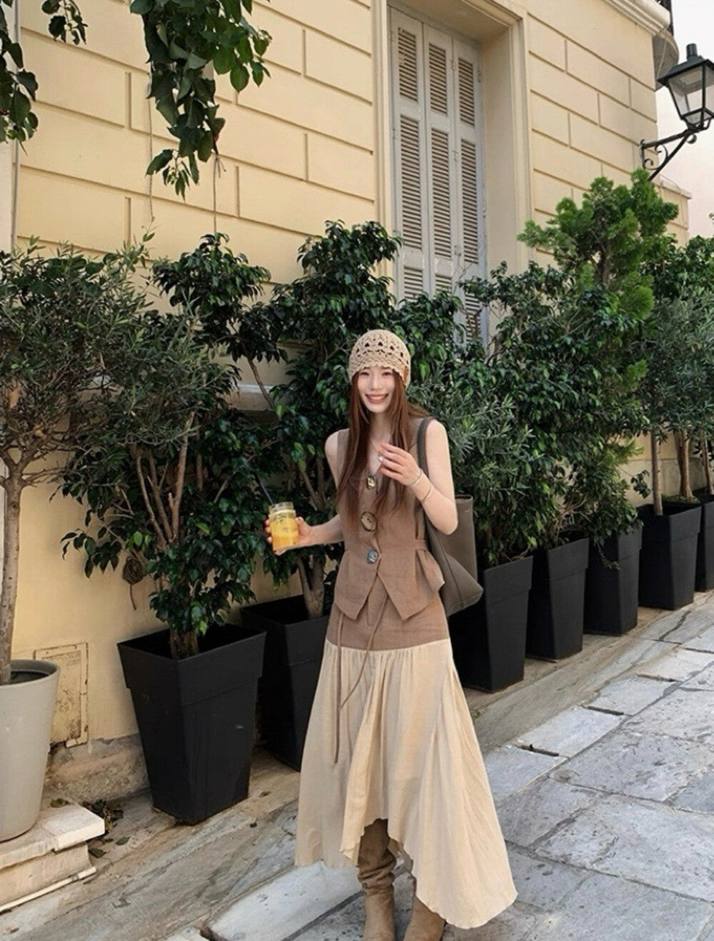 藝術感亞麻馬甲+拼接半身裙set