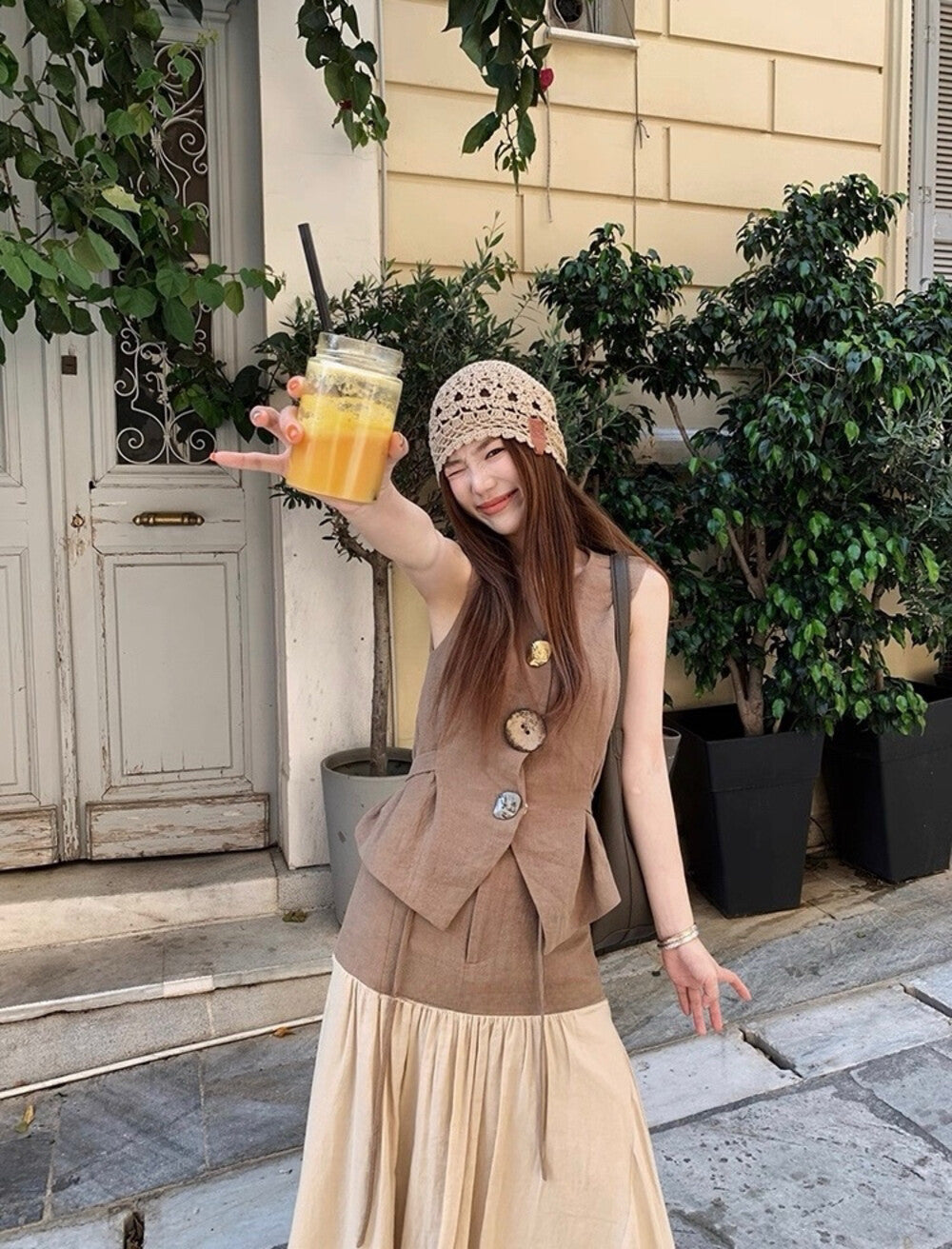 藝術感亞麻馬甲+拼接半身裙set