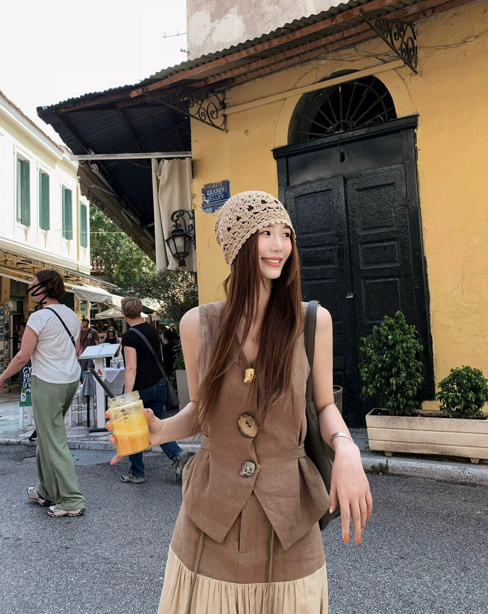 藝術感亞麻馬甲+拼接半身裙set