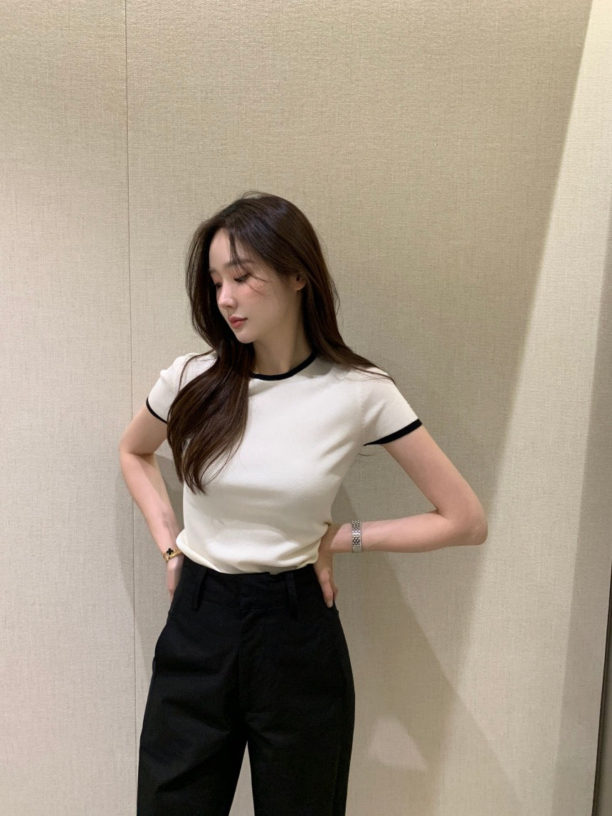 French Color-Block Knitted Top