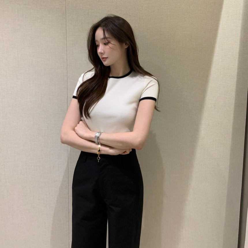 French Color-Block Knitted Top