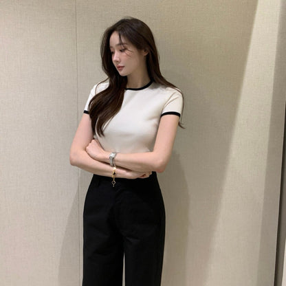 French Color-Block Knitted Top