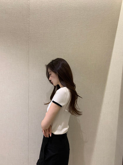 French Color-Block Knitted Top