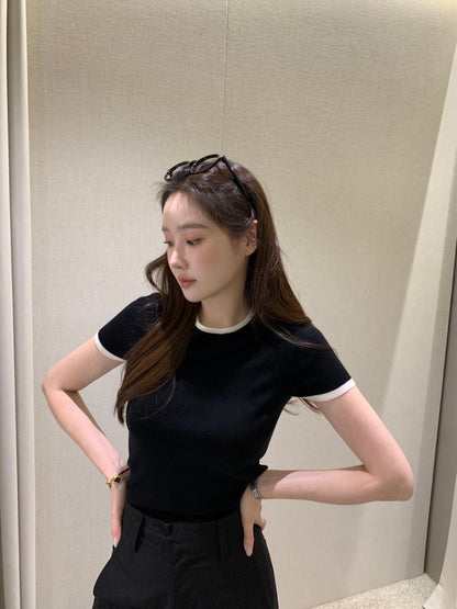 French Color-Block Knitted Top