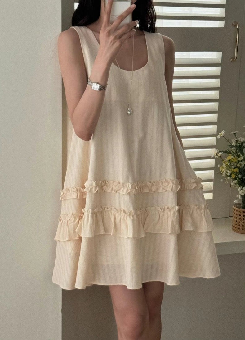 French-style Patchwork Ruffled Edge Sleeveless Dress