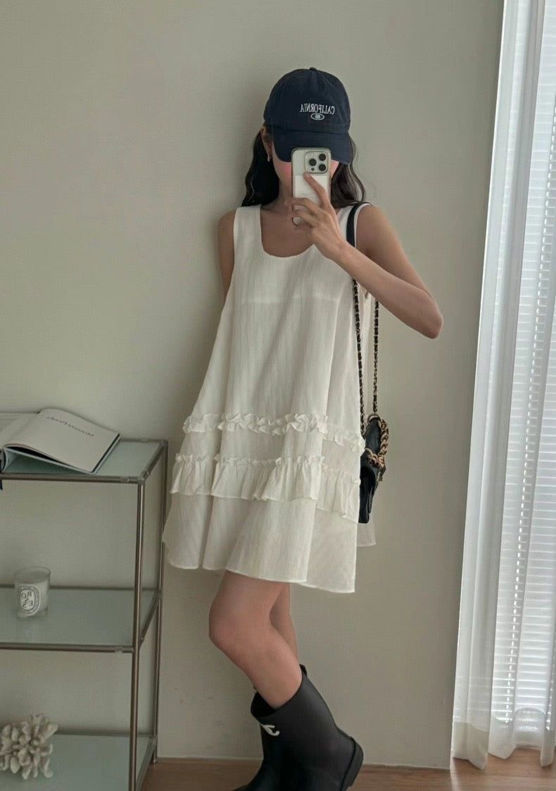 French-style Patchwork Ruffled Edge Sleeveless Dress