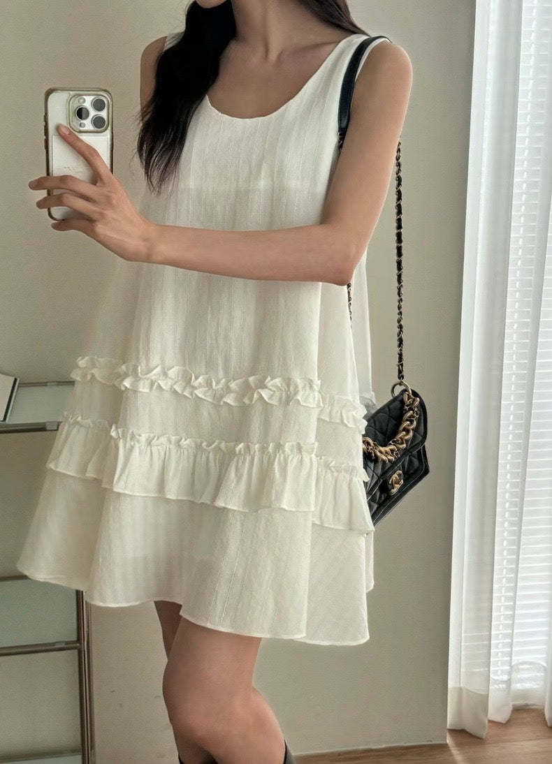 French-style Patchwork Ruffled Edge Sleeveless Dress