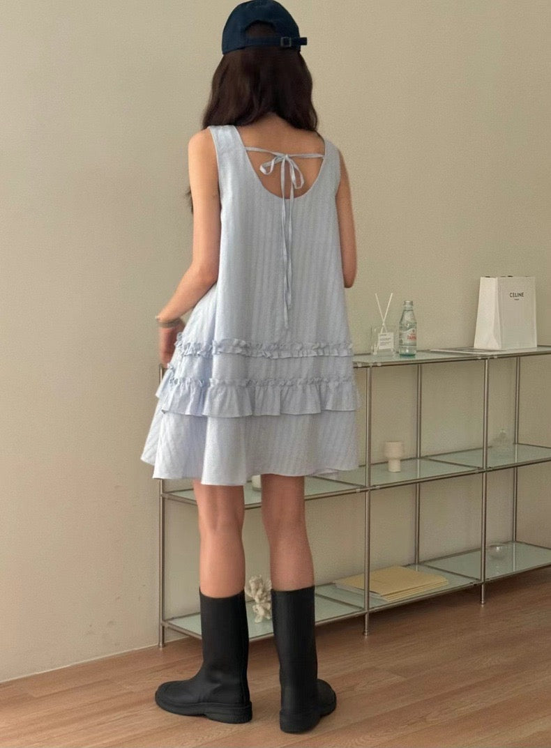 French-style Patchwork Ruffled Edge Sleeveless Dress