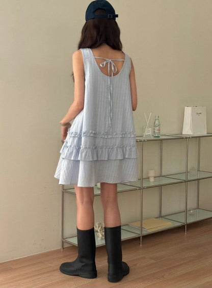 French-style Patchwork Ruffled Edge Sleeveless Dress