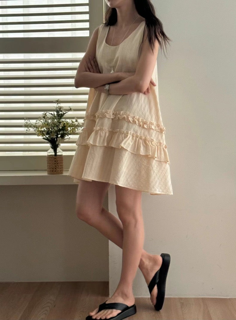 French-style Patchwork Ruffled Edge Sleeveless Dress