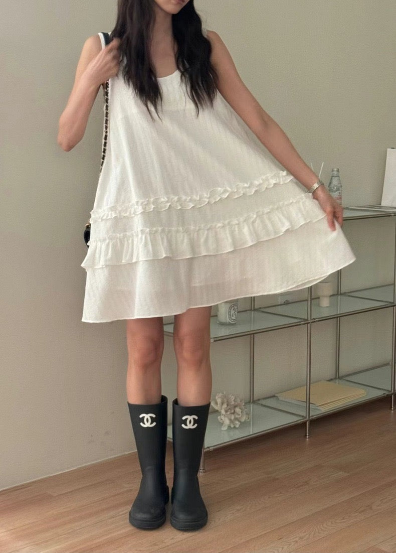 French-style Patchwork Ruffled Edge Sleeveless Dress