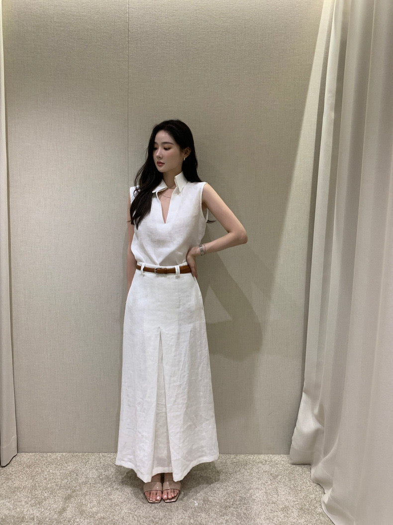 V領無袖背心+高腰壓褶A字半身裙set