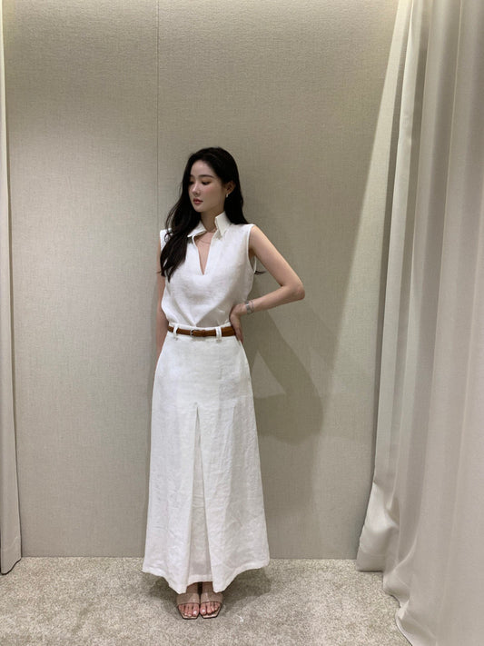 V領無袖背心+高腰壓褶A字半身裙set