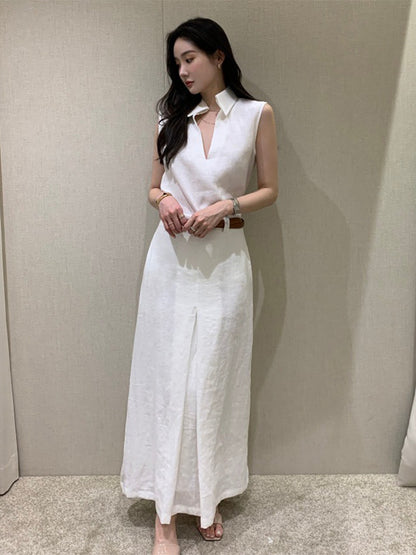 V領無袖背心+高腰壓褶A字半身裙set