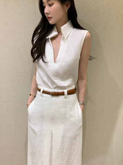 V領無袖背心+高腰壓褶A字半身裙set