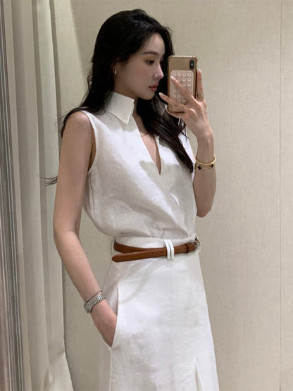 V領無袖背心+高腰壓褶A字半身裙set