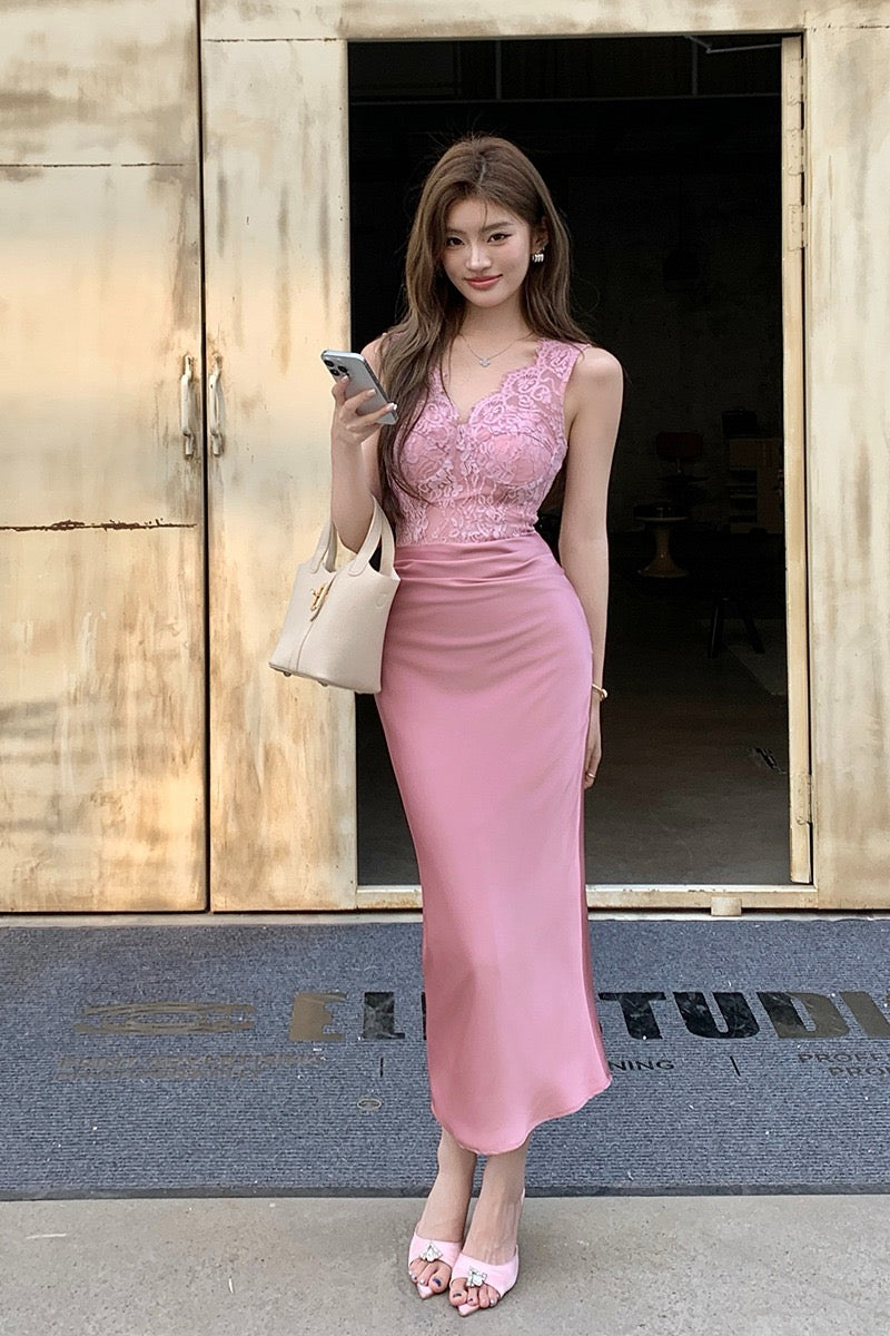 V-neck lace satin slim-fit dress