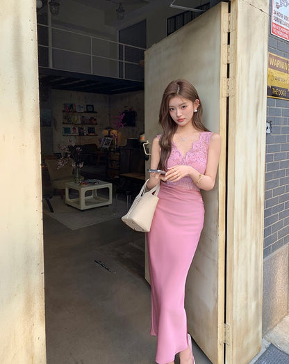 V-neck lace satin slim-fit dress