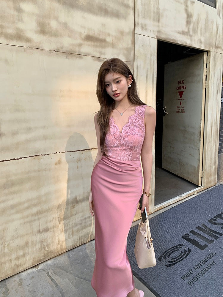 V-neck lace satin slim-fit dress