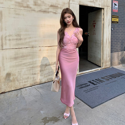 V-neck lace satin slim-fit dress