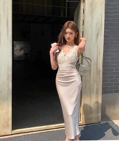 V-neck lace satin slim-fit dress