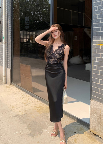 V-neck lace satin slim-fit dress