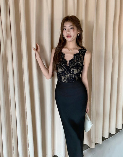 V-neck lace satin slim-fit dress