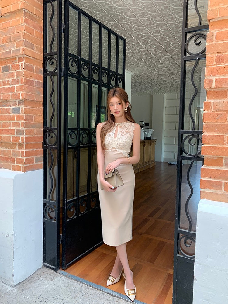 Lace Spliced Sleeveless Hollow Out Dress