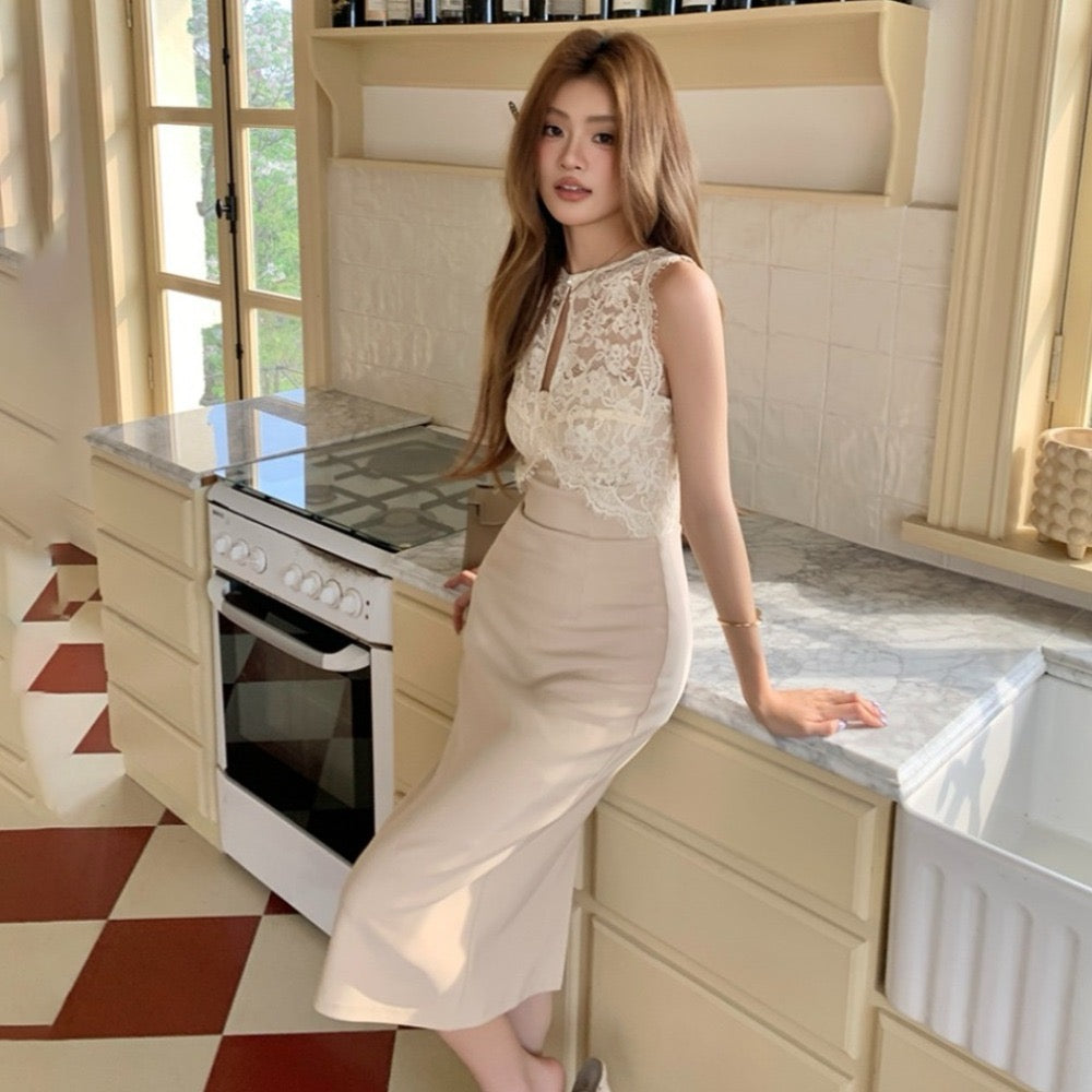 Lace Spliced Sleeveless Hollow Out Dress