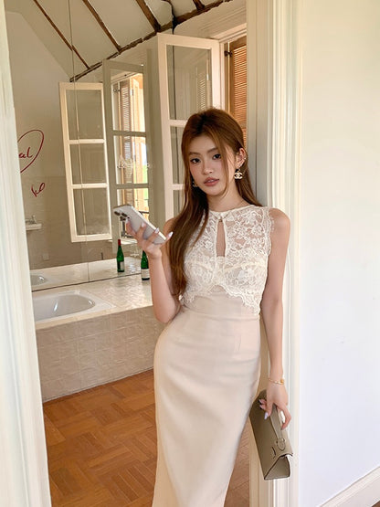 Lace Spliced Sleeveless Hollow Out Dress